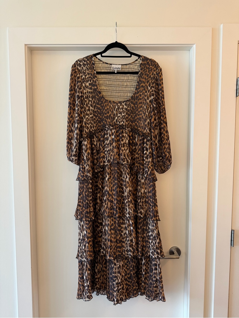 Ganni Tiered Leopard Print Dress in Size 44 (US 14 or XL)